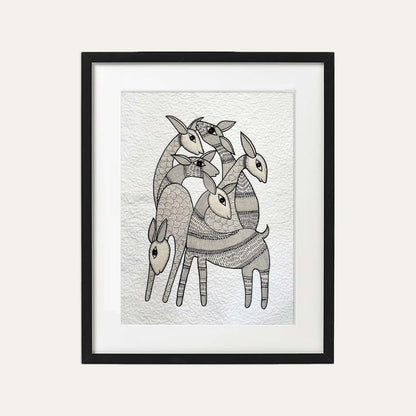 Quilted Textile WALL ART, Gondal art Hiran, black and white, 20X26 inches