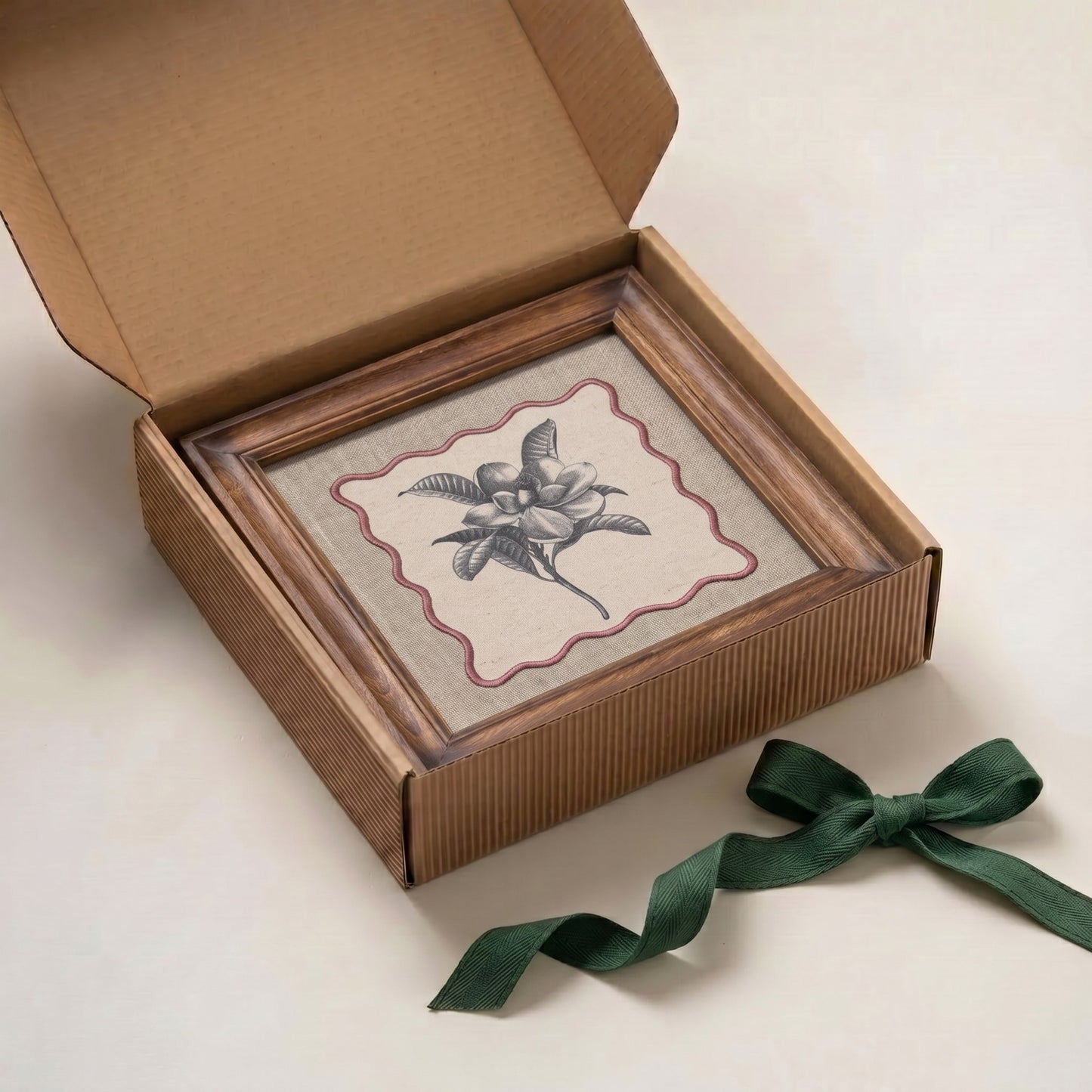 Frangipani Botanical Wall Art – Framed Gift | Embroidered Linen, 12×12 inches