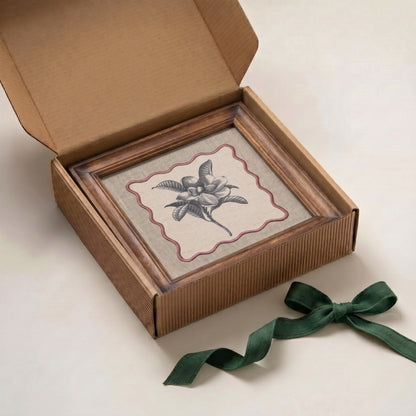 Frangipani Botanical Wall Art – Framed Gift | Embroidered Linen, 12×12 inches