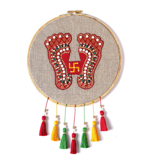Lakshmi Charan Embroidered Hoop Wall Art | 10 Inch | Linen & Brass