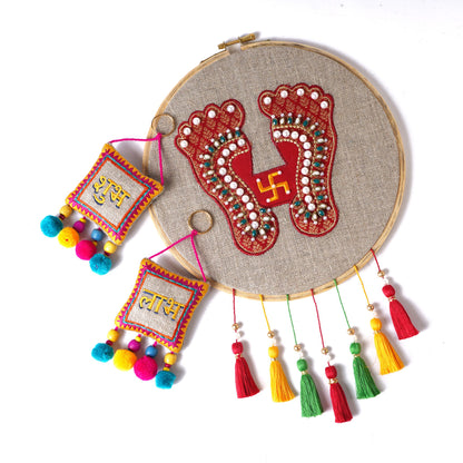 DIWALI GIFT PACK - Lakshmi charan hoop wall art with pair of SHUBH-LABH tassels