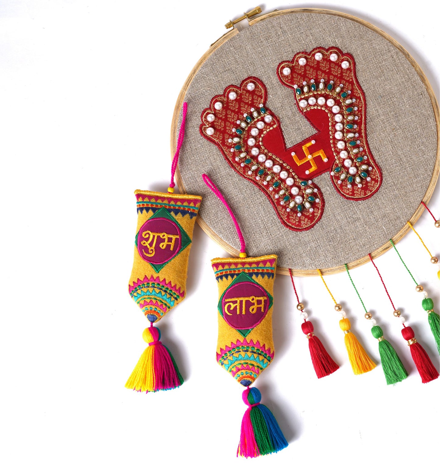 DIWALI GIFT PACK - Lakshmi charan hoop wall art with pair of SHUBH-LABH tassels