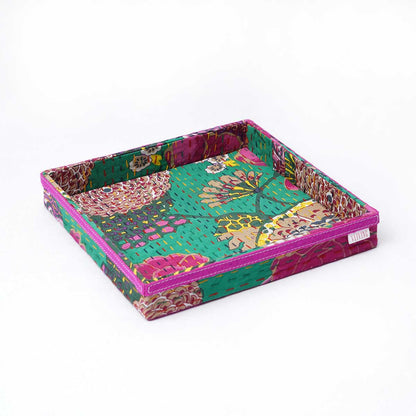 Kantha Decorative Trays in Green print Fabric, Sizes available