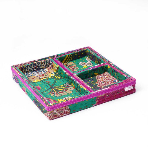 Kantha Decorative Trays – Green Print Fabric | Set of 1, 2, 3 or 4