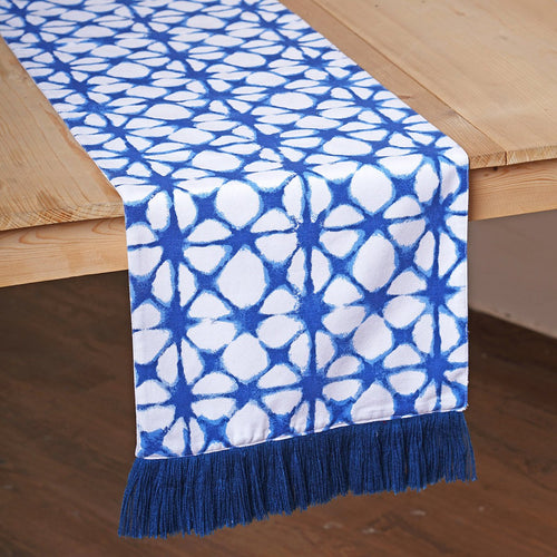 PRISM TIE DYE Blue Table Runner | Tie Dye Print with Acrylic Fringe Border | Cotton