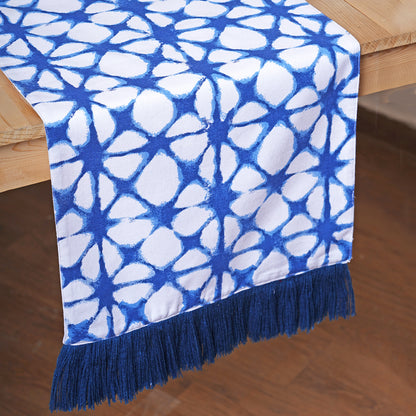 Blue table runner, tie dye prism print, blue fringe border, sizes available