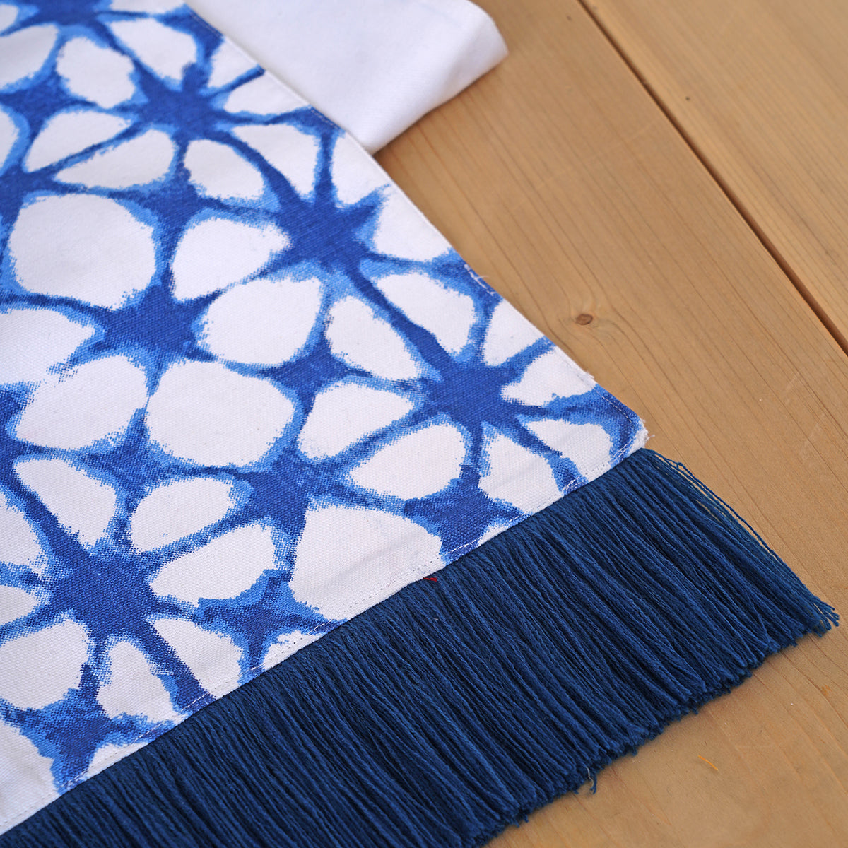 Blue table runner, tie dye prism print, blue fringe border, sizes available