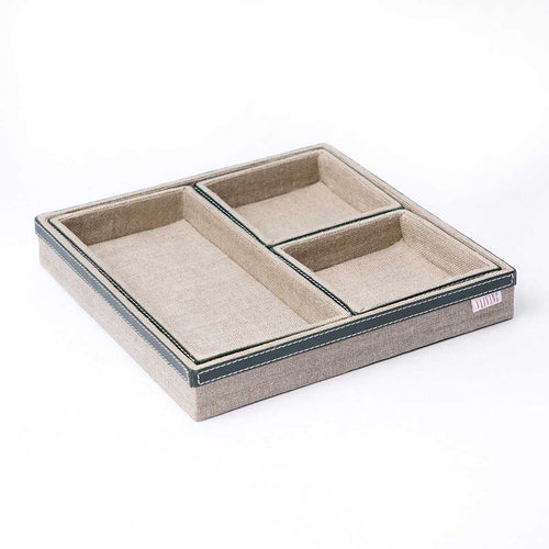 Natural Linen Decorative Trays with Green Leather Trim | Set of 1, 2, 3 or 4