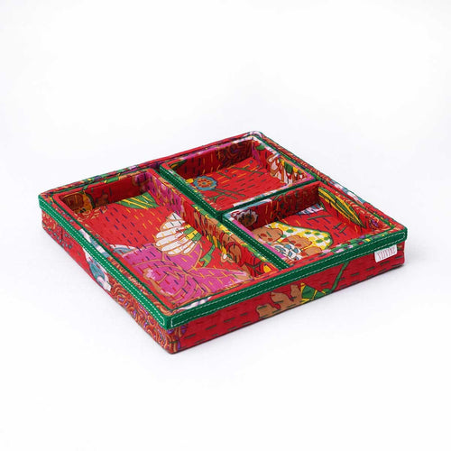 Kantha Fabric Decorative Trays | Red Print | Jewellery & Desk Organiser | Set of 1, 2, 3 or 4