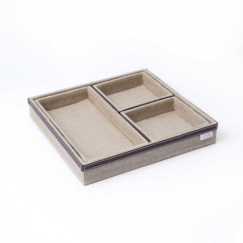 Natural Linen Decorative Trays with Brown Leather Trim | Set of 1, 2, 3 or 4