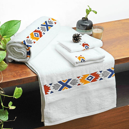 Kilim Embroidered white organic cotton Bath towels, sizes available