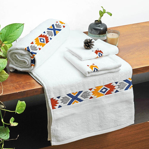 Kilim Embroidered White Cotton Bath Towels | 500 GSM | Hotel Quality | Face, Hand & Bath Sets