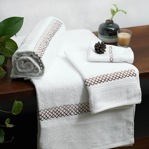Embroidered White Cotton Bath Towels | 500 GSM | Hotel Quality | Face, Hand & Bath Sets