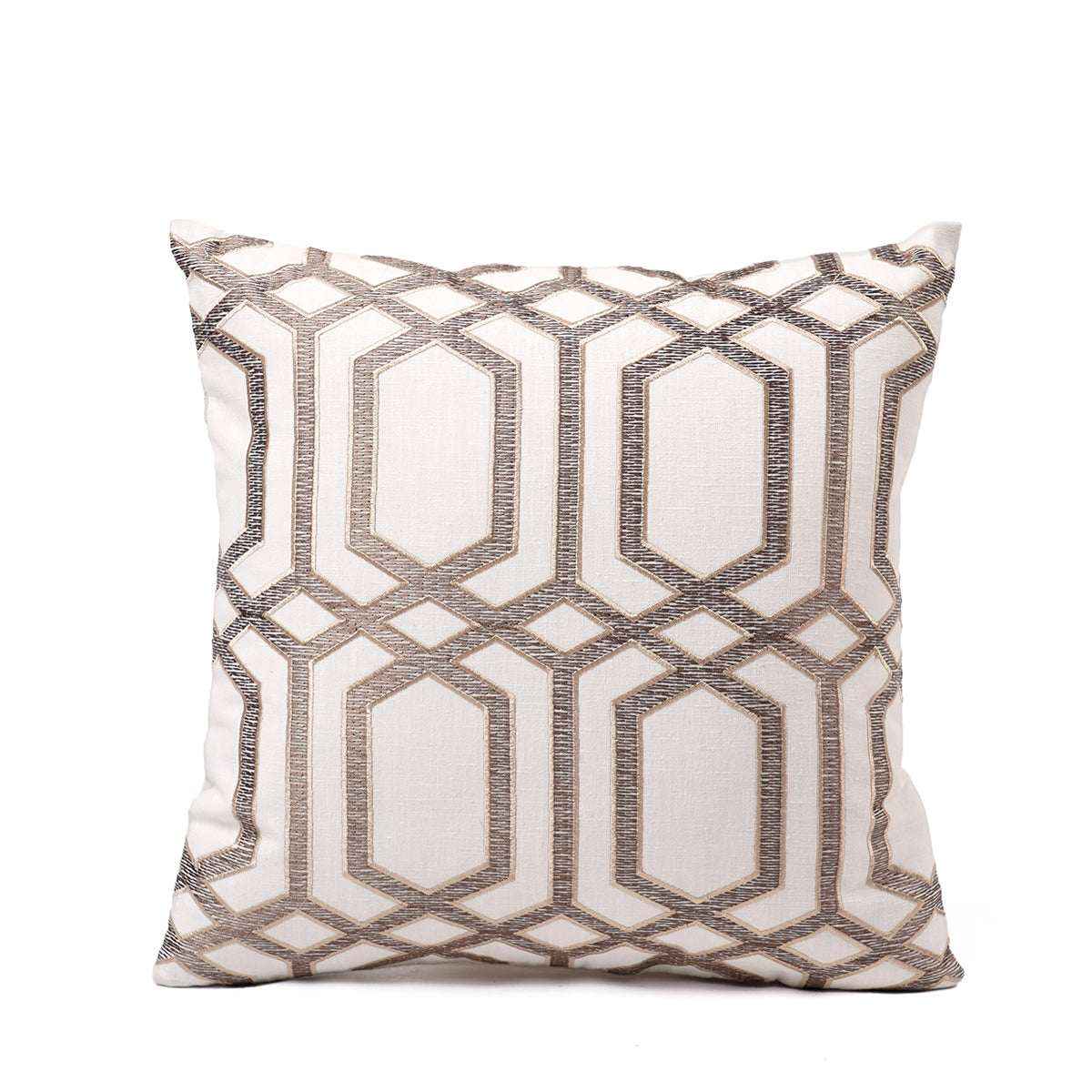 Imperial - White and Beige Ogee pattern Embroidery pillow cover, Linen blend fabric, available in 16X16 inches, custom sizes on request