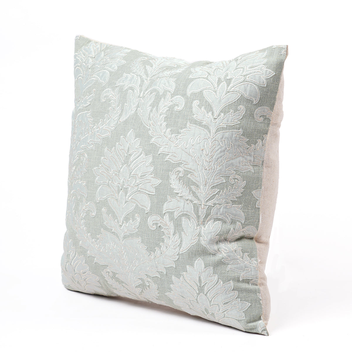 Imperial - Sage Green Damask pattern applique and Embroidery pillow cover, Linen blend fabric, available in 16X16 inches, custom sizes on request