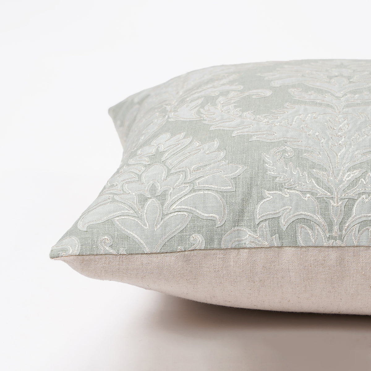 Imperial - Sage Green Damask pattern applique and Embroidery pillow cover, Linen blend fabric, available in 16X16 inches, custom sizes on request