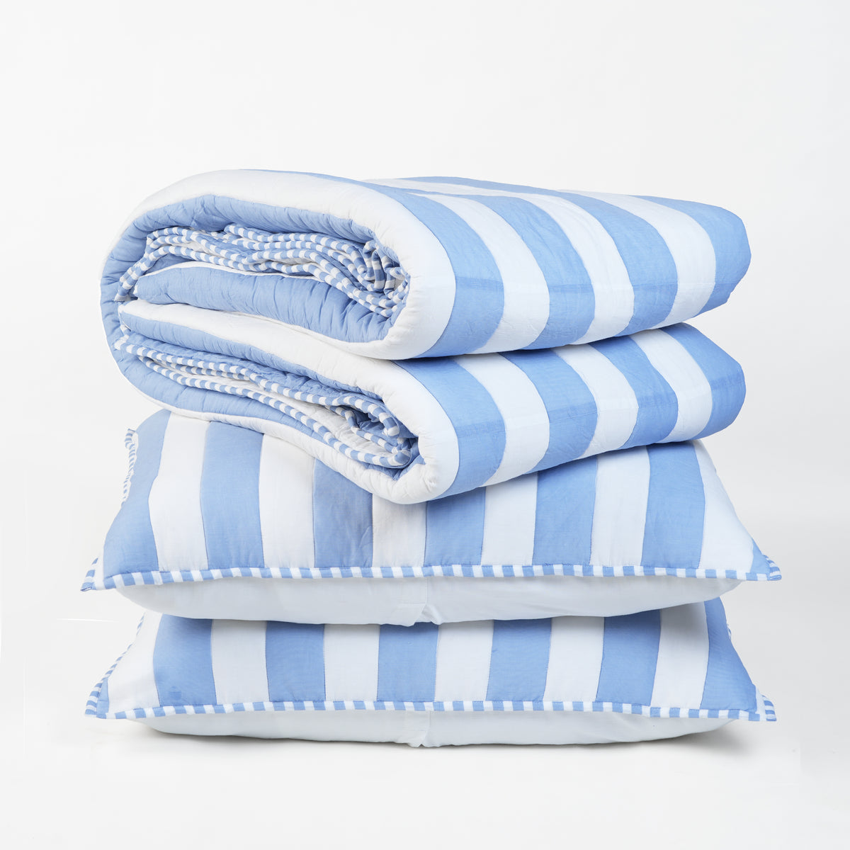 Blue and White Stripe Cotton Quilt Set | Stripe Pattern Quilting