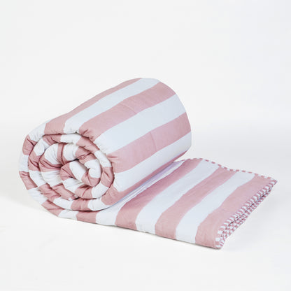 Old Rose and White Stripe Cotton Quilt Set | Stripe Pattern Quilting