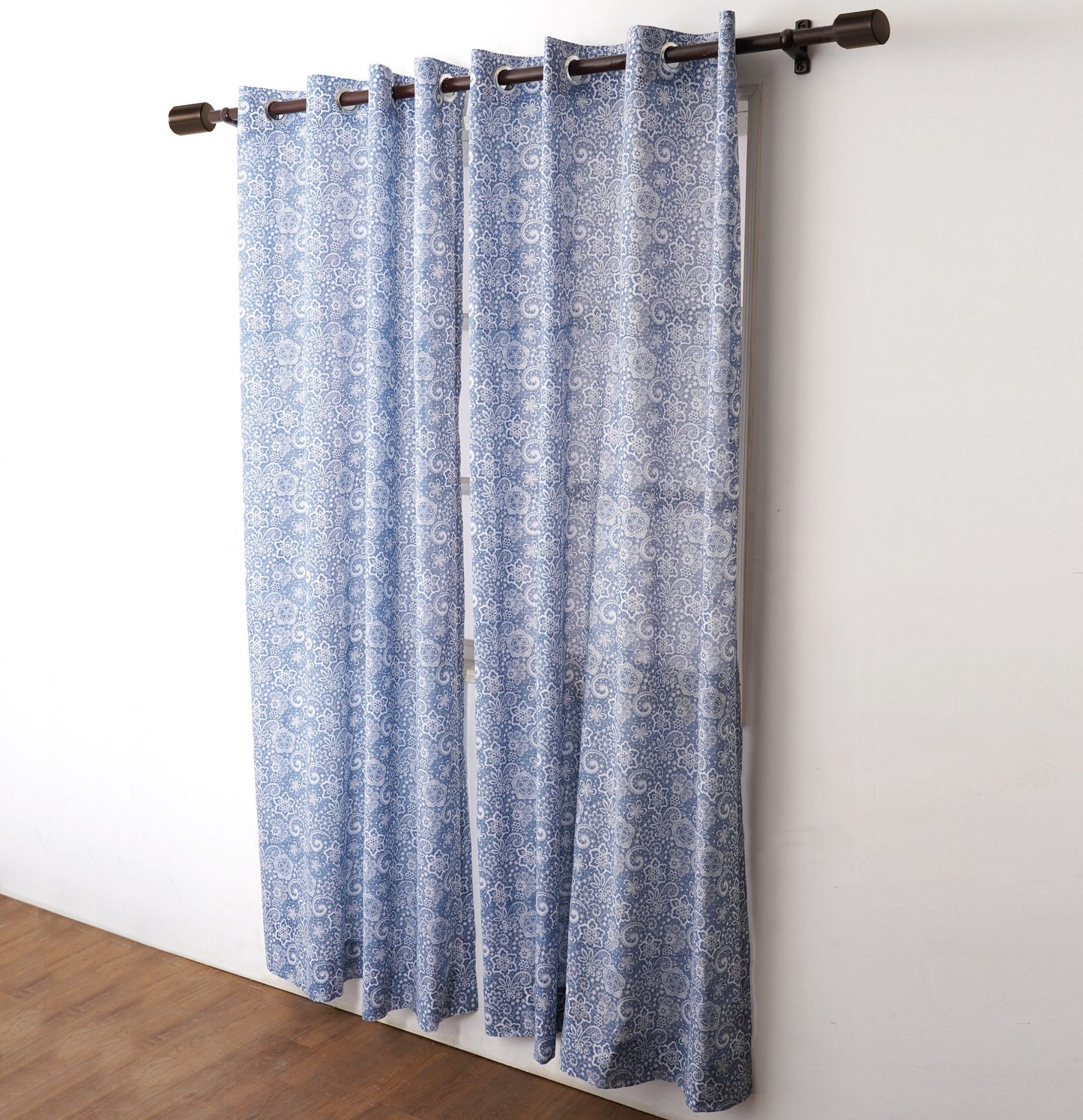 LACE print - Blue cotton voile, sheer curtain panel