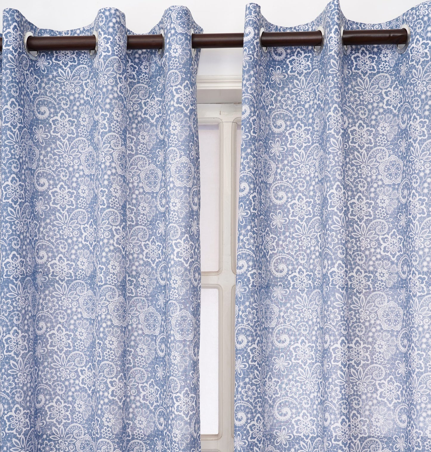 LACE print - Blue cotton voile, sheer curtain panel