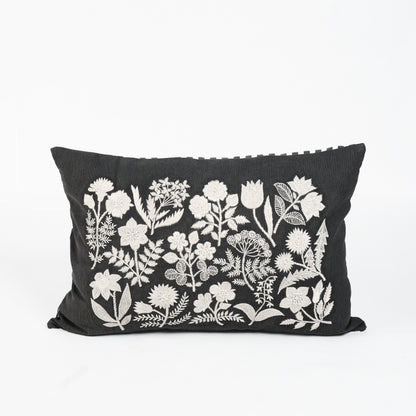 CABANA CLUB - Black & White Oblong Botanical Embroidery Pillow | 14X21 inches
