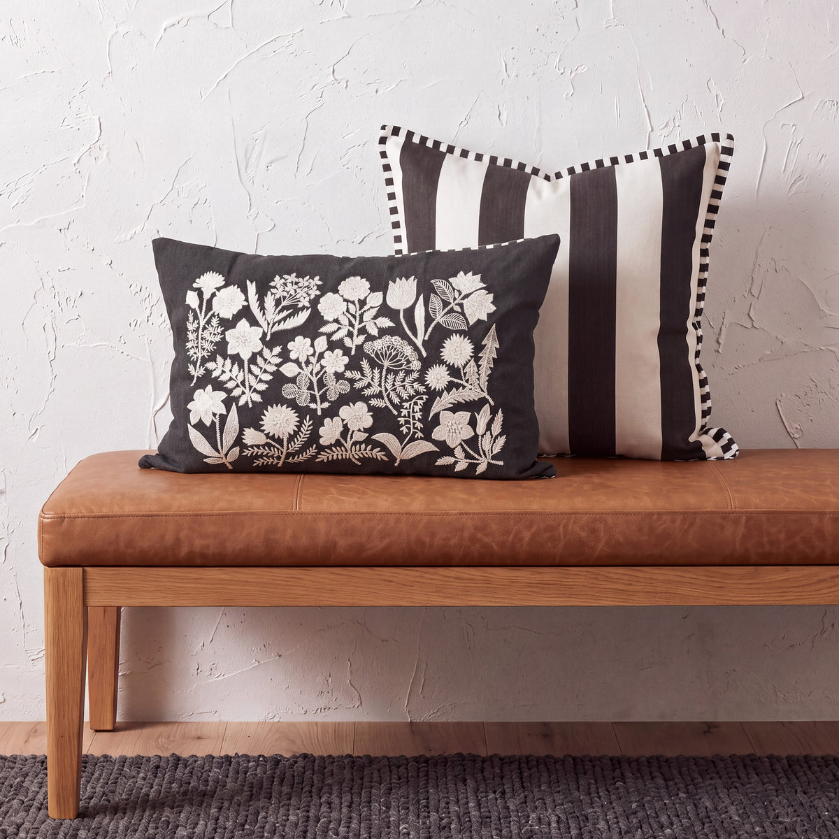 CABANA CLUB - Black & White Oblong Botanical Embroidery Pillow | 14X21 inches