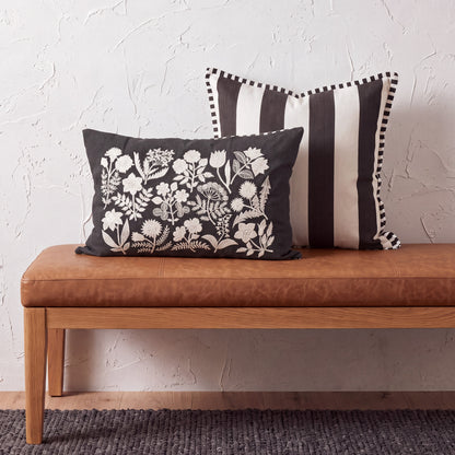 CABANA CLUB - Black & White Oblong Botanical Embroidery Pillow | 14X21 inches