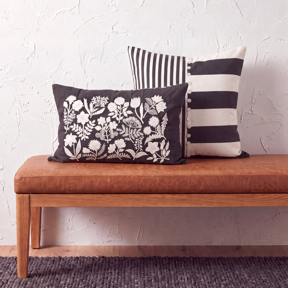 CABANA CLUB - Black & White Oblong Botanical Embroidery Pillow | 14X21 inches