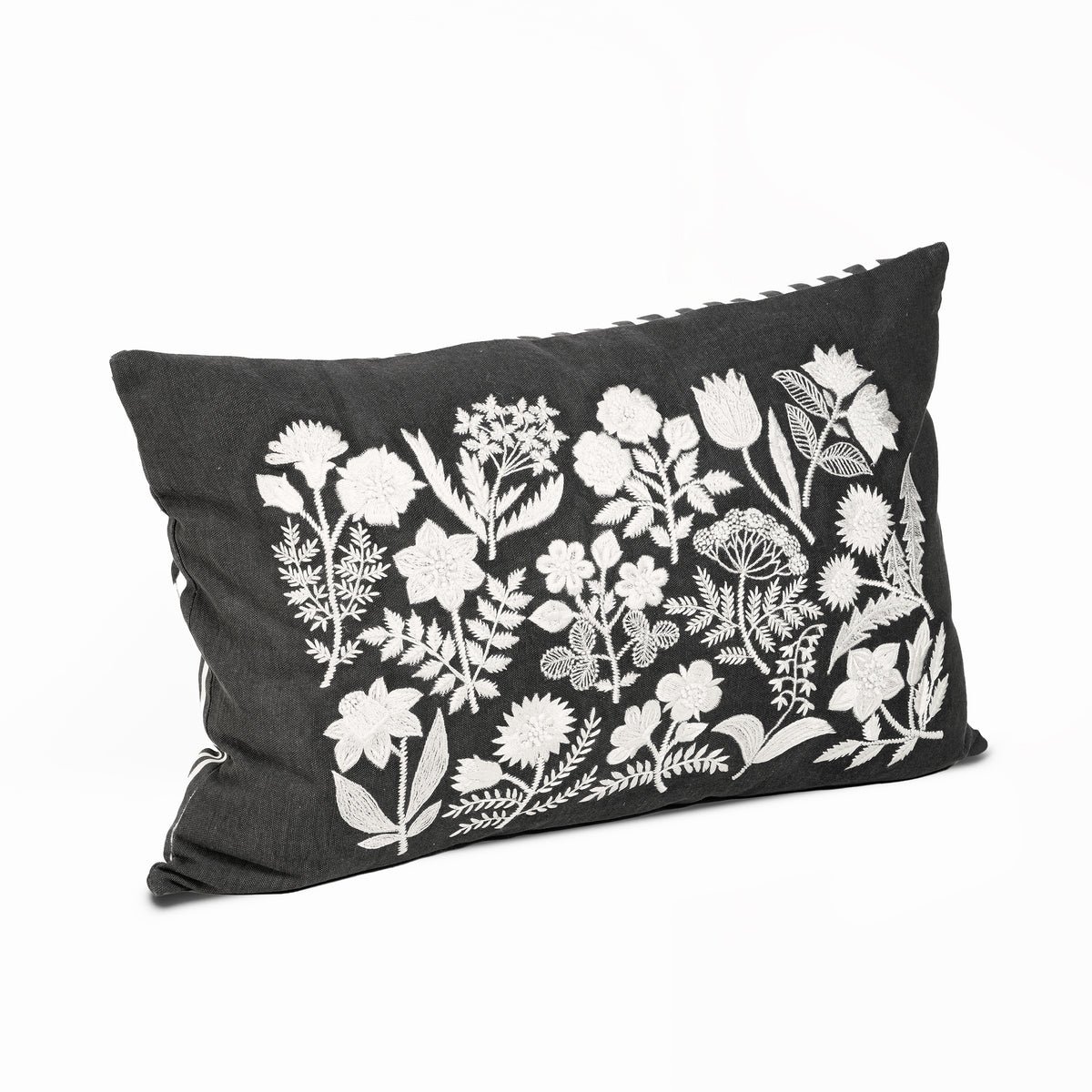 CABANA CLUB - Black & White Oblong Botanical Embroidery Pillow | 14X21 inches