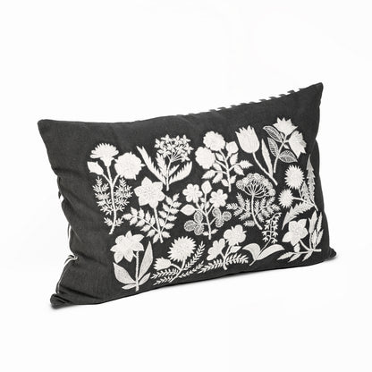 CABANA CLUB - Black & White Oblong Botanical Embroidery Pillow | 14X21 inches