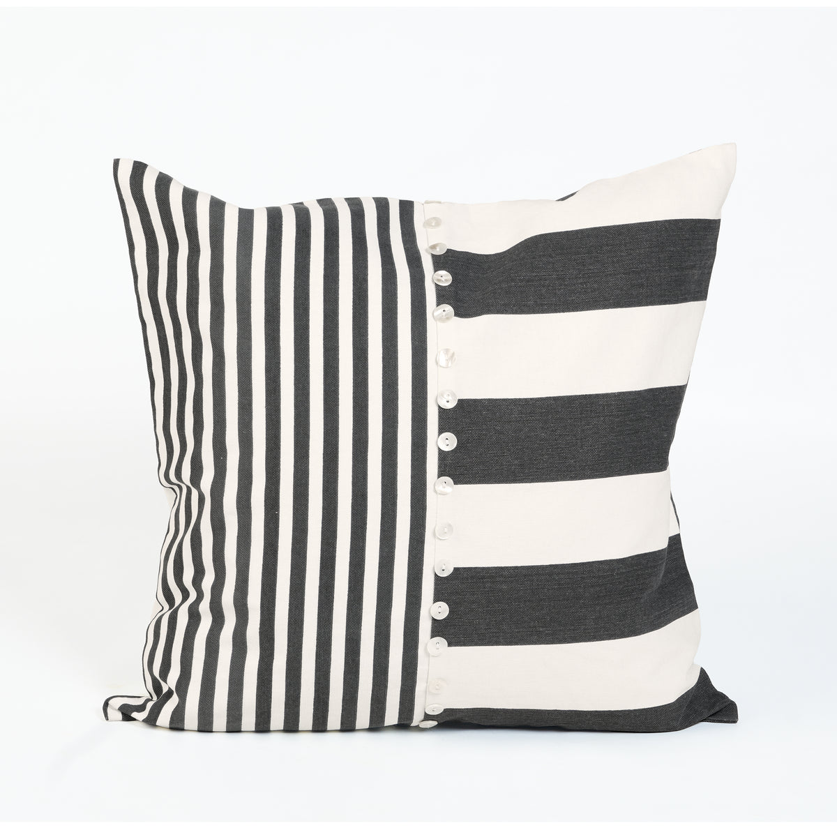 Cabana Club Black and Off White Panelled Stripe Cushion Cover with Buttons | 18×18 and 20×20 inches