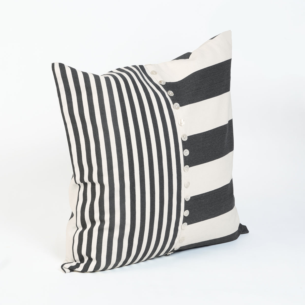 Cabana Club Black and Off White Panelled Stripe Cushion Cover with Buttons | 18×18 and 20×20 inches
