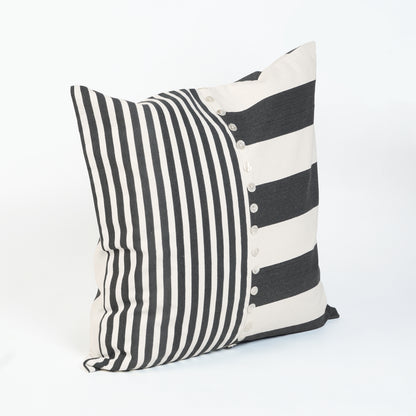 Cabana Club Black and Off White Panelled Stripe Cushion Cover with Buttons | 18×18 and 20×20 inches