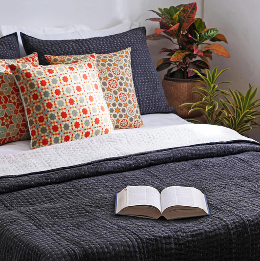 Charcoal grey colour stonewashed kantha quilt bed sets - 100% cotton, Sizes available