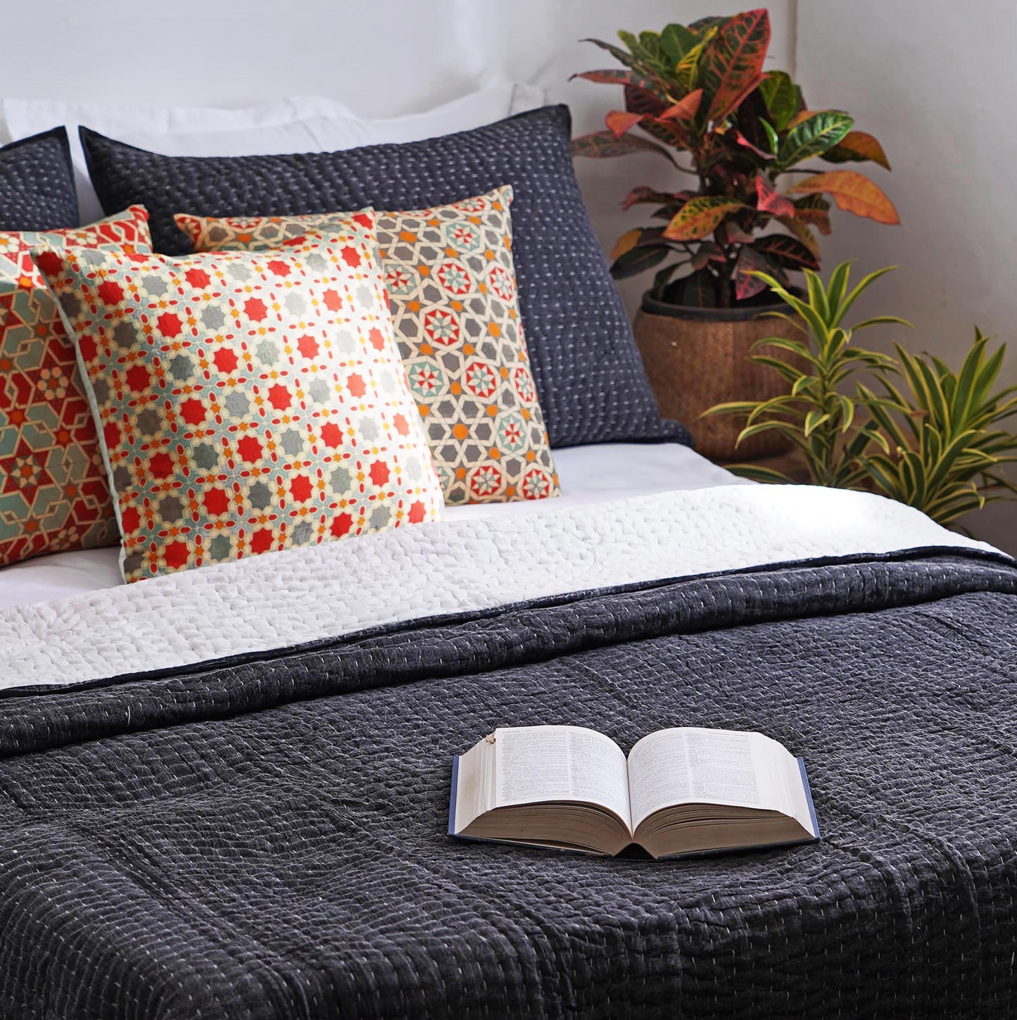 Charcoal grey colour stonewashed kantha quilted pillow shams - 100% cotton, Sizes available