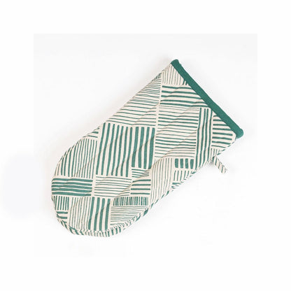 MODERN RETRO Pair of quilted Potholder and oven mitt in Aqua Green colour stripe print in 100% cotton