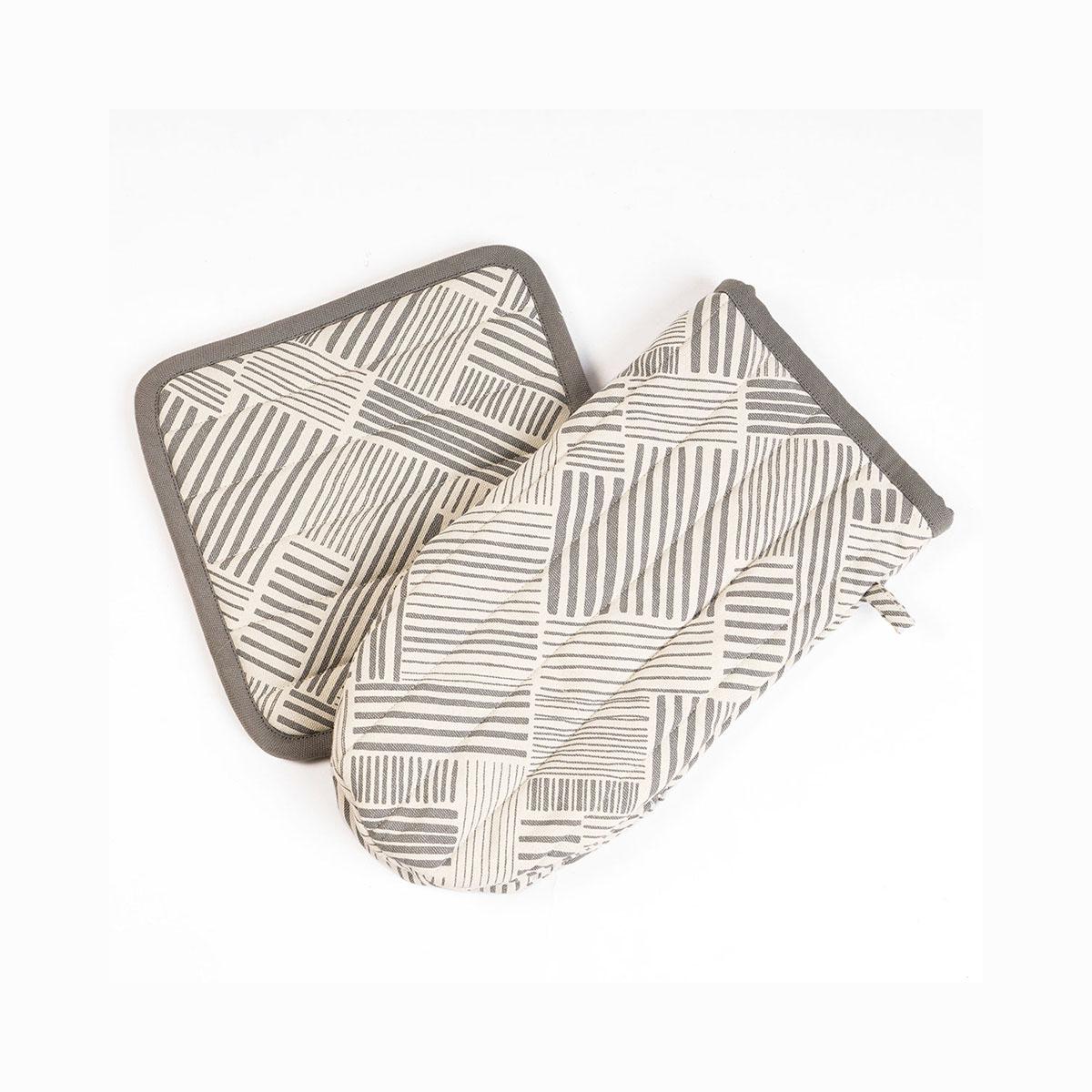 MODERN RETRO Pair of quilted Potholder and oven mitt in Grey green colour stripe print in 100% cotton