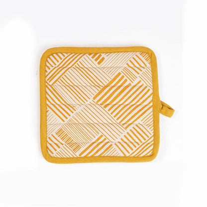 MODERN RETRO Pair of quilted Potholder and oven mitt in Mustard Yellow colour stripe print in 100% cotton