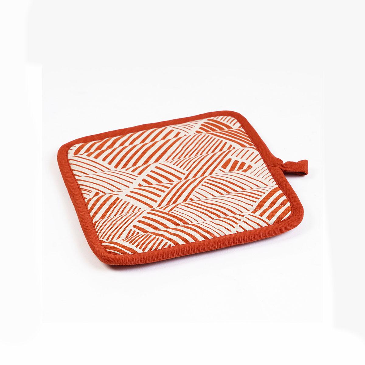 MODERN RETRO Pair of quilted Potholder and oven mitt in Terracotta green colour stripe print in 100% cotton