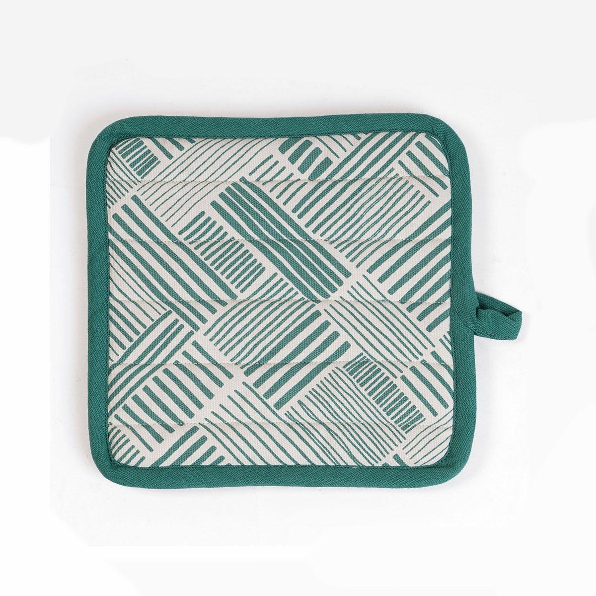 MODERN RETRO Pair of quilted Potholder and oven mitt in Aqua Green colour stripe print in 100% cotton