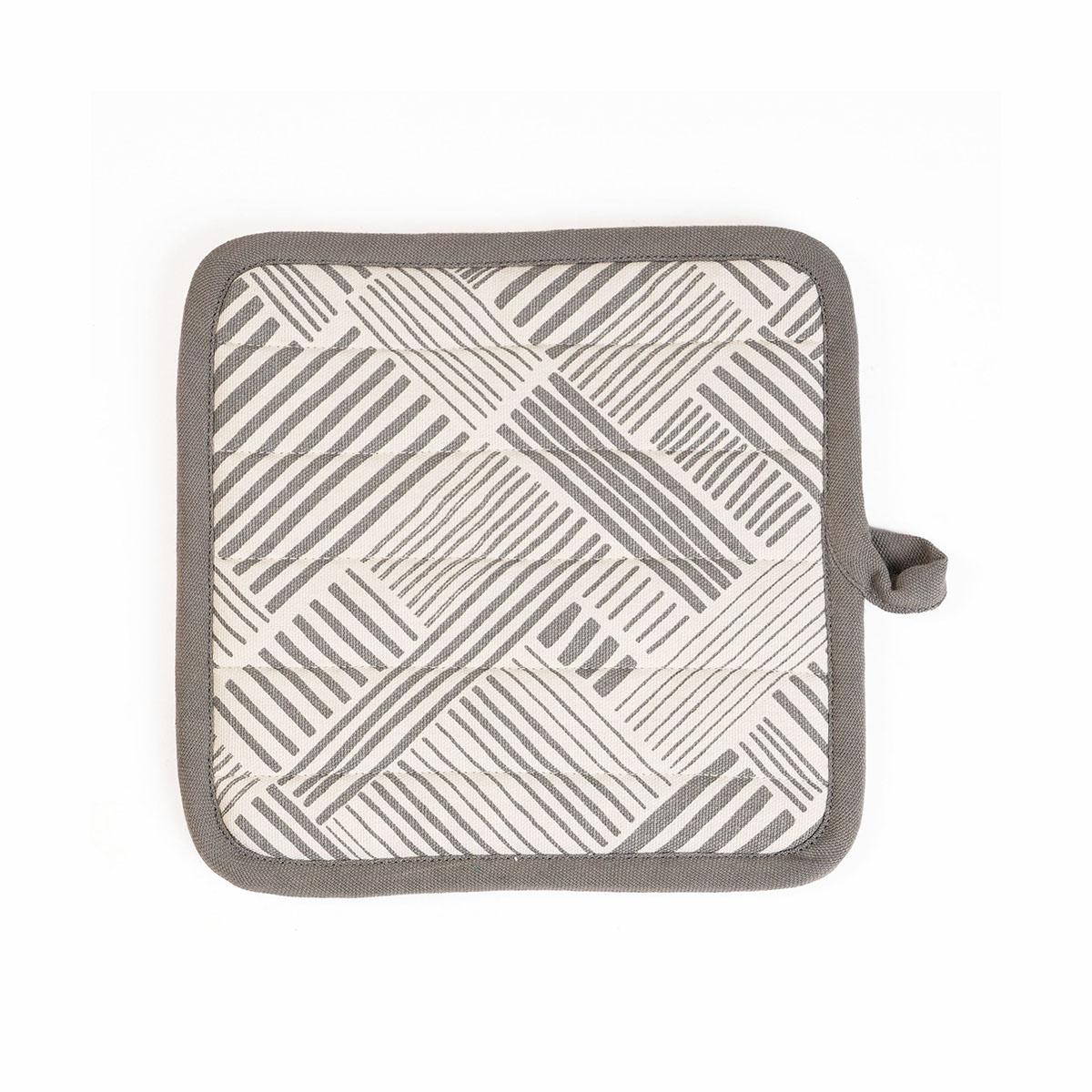 MODERN RETRO Pair of quilted Potholder and oven mitt in Grey green colour stripe print in 100% cotton