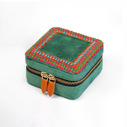 Tropical green Velvet Square Embroidered Jewellery box