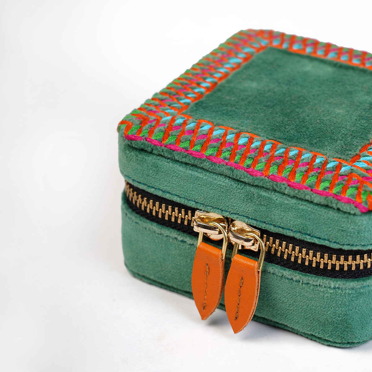 Tropical green Velvet Square Embroidered Jewellery box