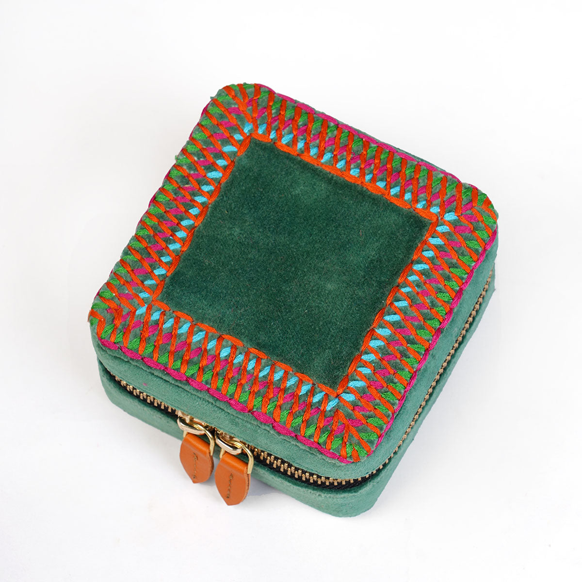 Tropical green Velvet Square Embroidered Jewellery box