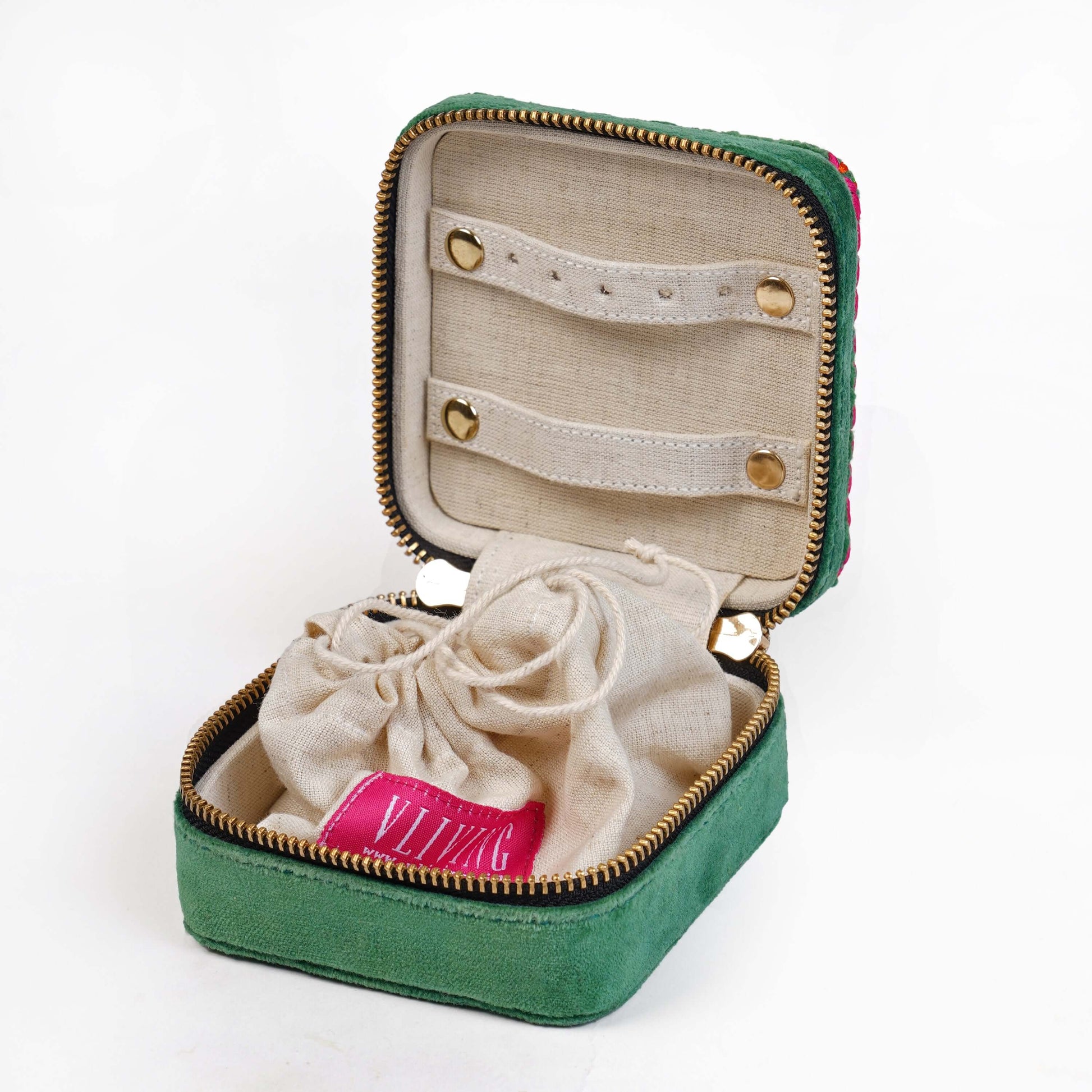 Tropical green Velvet Square Embroidered Jewellery box