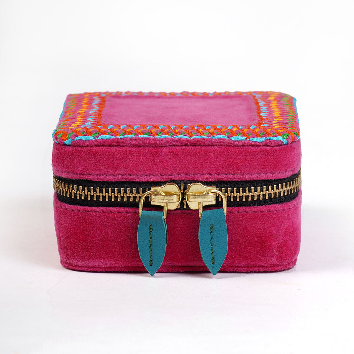 Hot Pink Velvet Square Embroidered Jewellery box
