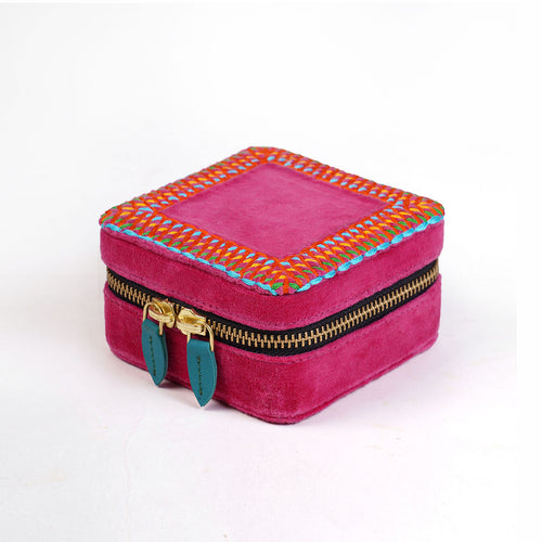 Hot Pink Velvet Square Embroidered Jewellery box