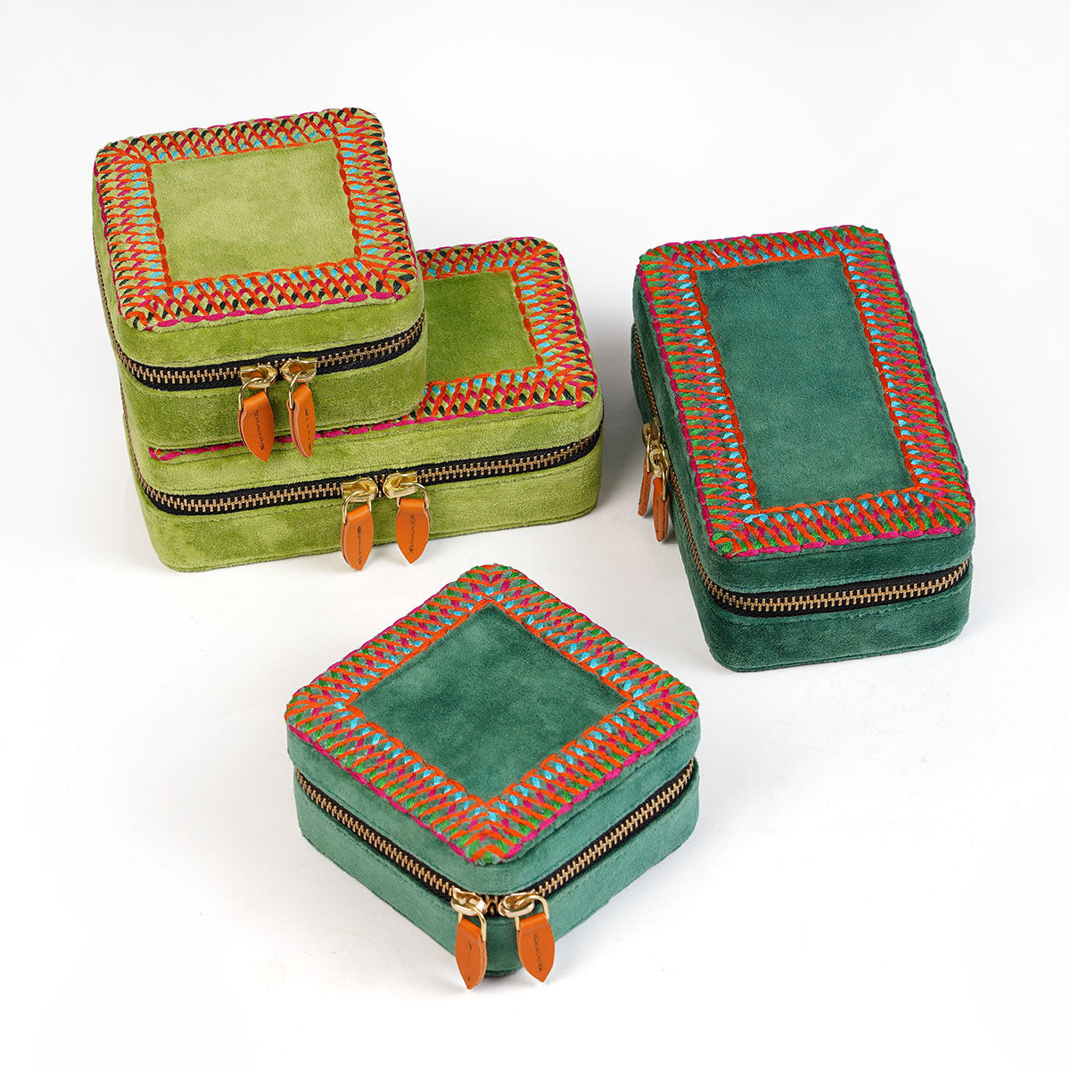 Lime green Velvet Square Embroidered Jewellery box