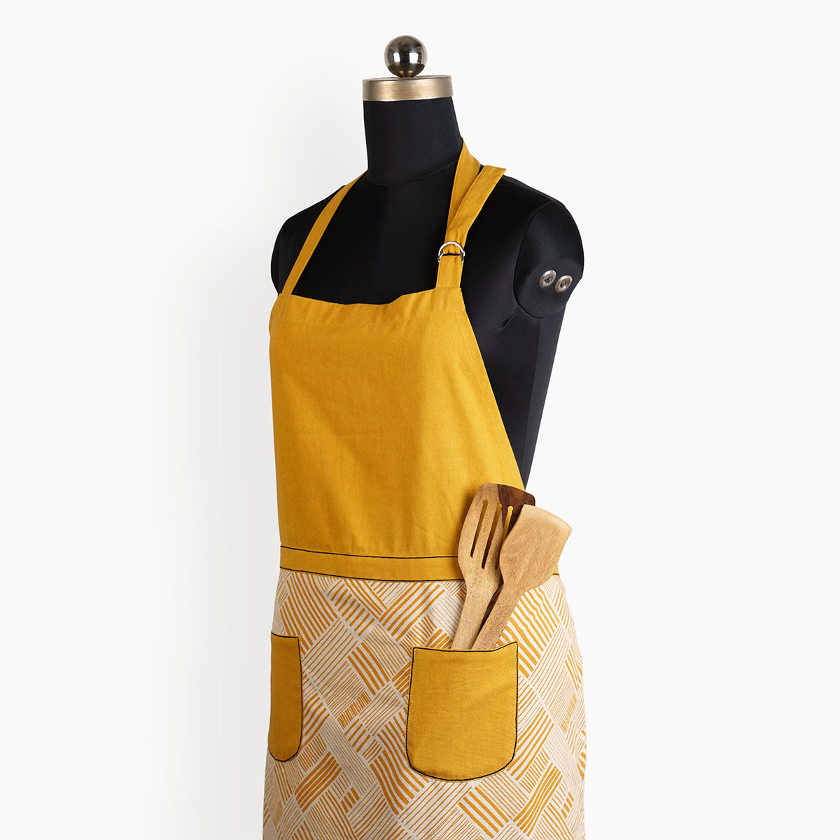 MODERN RETRO - Mustard Yellow stripe print cotton apron, size 27"X 35"