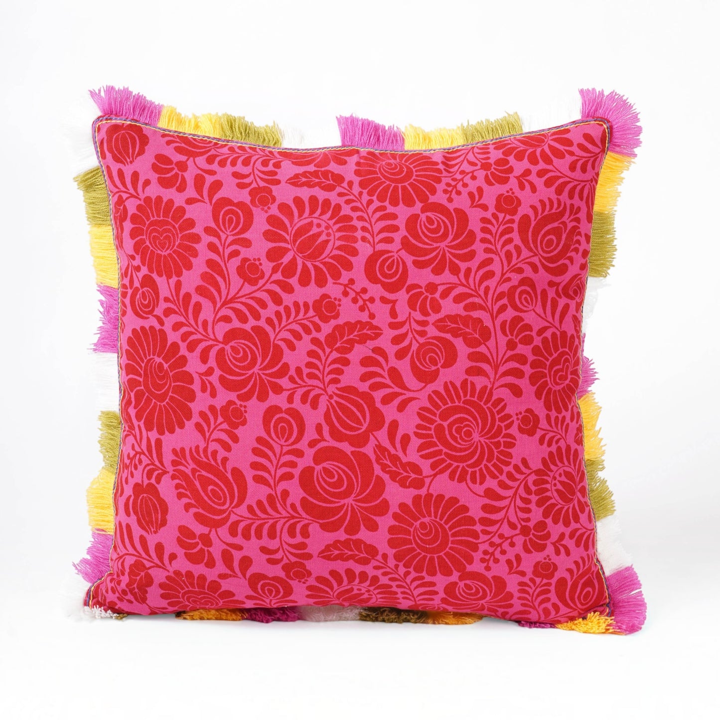 MATYO - Hot Pink printed cotton Pillow cover with multicolour acrylic fringe, sizes available - Vliving